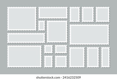 Rectangular perforated labels. Collection blank post stamps. Postage frames set. Empty postal stamp. Borders for mail letter. White paper postmarks isolated on gray background. Vector illustration.