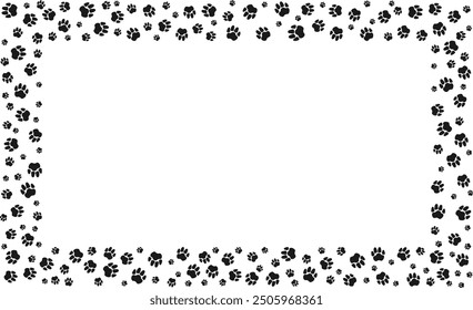 Rectangular pet paw print frame with blank space for text and images. Black silhouette track of dog or cat paw prints. Frame with paw prints of pets for decoration of shop windows, websites, etc