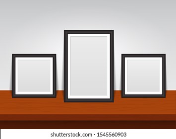 Rectangular Photo Frame On Wooden Shelf Or Table. 3d Mockup Of Picture Frame Gallery For Home Interior. Empty Picture Album Layout. Set Realistic Mockup Picture. Vector Isolated Illustration