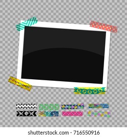 Rectangular photo frame. Photo stuck on colored scotch tape. Vector illustration EPS 10.