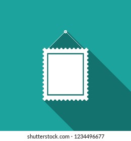 Rectangular picture frame hanging on the wall icon isolated with long shadow. Flat design. Vector Illustration