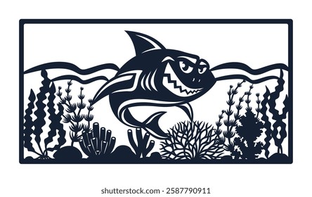 Rectangular picture with a shark. Sea predator with an evil smile in the water. Underwater world, ocean life, waves, algae, corals. Template for plotter laser cutting of paper, fretwork, wood carving.