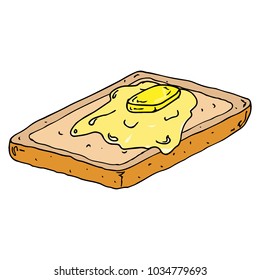 A rectangular piece of butter. A toasted piece of bread and butter. A melted piece of butter. Vector illustration. 