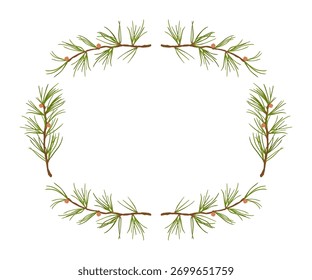 Rectangular pine wreath frame with space for text. Elegant winter border for Christmas greetings. Vector illustration.