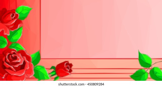 Rectangular Pink Background for Your Text with Low Poly Floral Pattern, Red Rose and Green Leafs. Vector