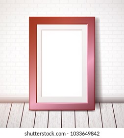 Rectangular pink frame on a white brick wall.