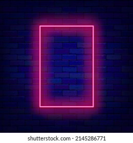 Rectangular pink neon frame on brick wall. Vertical portrait framing. Empty border. Copy space. Shiny flyer. Glowing effect poster. Editable stroke. Vector stock illustration