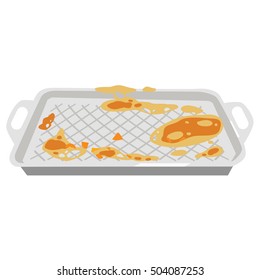 Rectangular plastic serving tray with stains after eating. Isolated on white background.