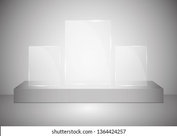 A rectangular podium with a glass pedestal or platform illuminated by spotlights on a gray background. Scene with picturesque lights. Vector illustration