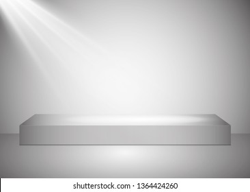 A rectangular podium with a glass pedestal or platform illuminated by spotlights on a gray background. Scene with picturesque lights. Vector illustration