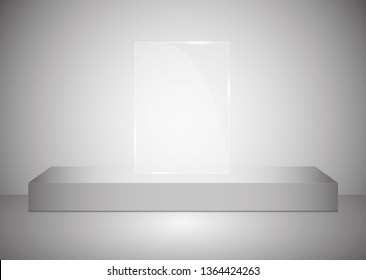 A rectangular podium with a glass pedestal or platform illuminated by spotlights on a gray background. Scene with picturesque lights. Vector illustration