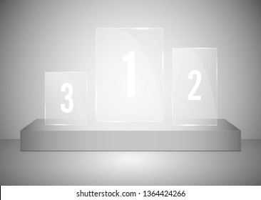 A rectangular podium with a glass pedestal or platform illuminated by spotlights on a gray background. Scene with picturesque lights. Vector illustration