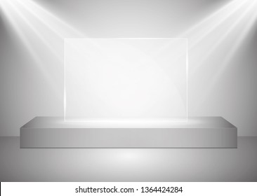 A rectangular podium with a glass pedestal or platform illuminated by spotlights on a gray background. Scene with picturesque lights. Vector illustration