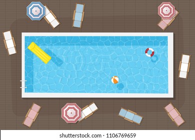 Rectangular pool with inflatable circle, mattress and ball, surrounded by sun loungers and umbrellas. Vector illustration.