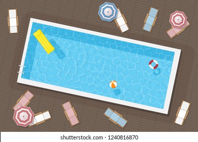 Rectangular pool with inflatable circle, mattress and ball, surrounded by sun loungers and umbrellas. Vector illustration.