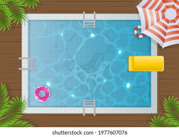 Rectangular pool top view. Summer banner. Vector illustration.