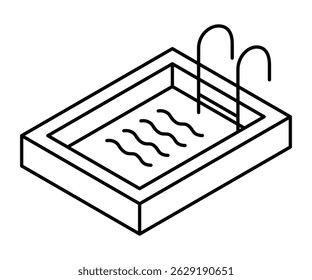 Rectangular pool with waves and ladder viewed from above. Isometric vector icon. Editable stroke.
