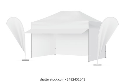 Rectangular Pop Up Canopy Tent With Teardrop Flags. Mockup For Your Design, Isolated On White Background. Vector Illustration