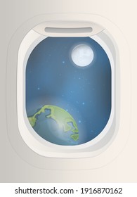 Rectangular porthole with a view of the planet earth and the moon. Porthole with a view of space. Vector illustration.