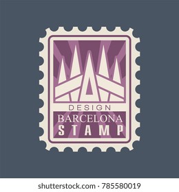 Rectangular postage stamp of Barcelona city with cathedral of Sagrada Familia. Famous architectural landmark. Creative icon in purple color. Flat vector design