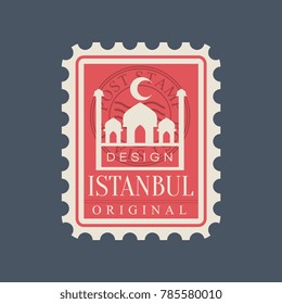 Rectangular postage stamp of Istanbul city with Blue Mosque silhouette. Symbol with famous Turkish landmark. Original flat vector design icon in red color