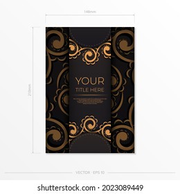 Rectangular Postcard template in black with Indian patterns. Print-ready invitation design with mandala ornament.