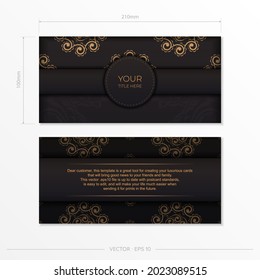 Rectangular Postcard template in black with Indian ornaments. Print-ready invitation design with mandala patterns.
