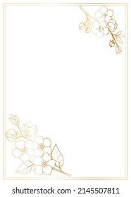 Rectangular postcard template with a frame and branches of sakura, cherry, apple tree, in the corners, a contour image with a golden gradient.