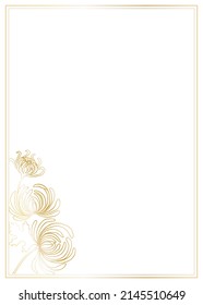 Rectangular postcard template with frame and chrysanthemum flowers in the corner, gold gradient outline image.Vector illustration for festive design.