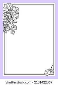 Rectangular postcard template with a rectangular frame decorated diagonally with bouquets of spring flower branches, hand drawn in black outline. 