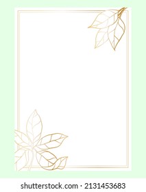 Rectangular postcard template with a rectangular frame decorated in the corner with a bouquet of decorative branches and leaves, hand drawn with a golden gradient stroke. 