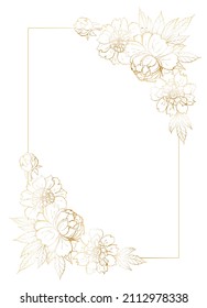 Rectangular postcard template with golden frame and peony bouquets in the corners. Decorative vector illustration for invitations and greeting cards, place for text.