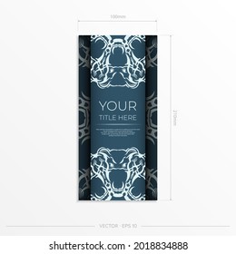Rectangular postcards in blue color with luxurious light patterns. Invitation card design with vintage ornament.