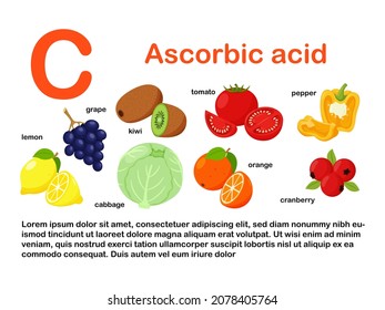Rectangular poster with food products containing vitamin C. Ascorbic acid. Medicine, diet, healthy eating, infographics. Products with the name.Flat cartoon food illustration isolated on white