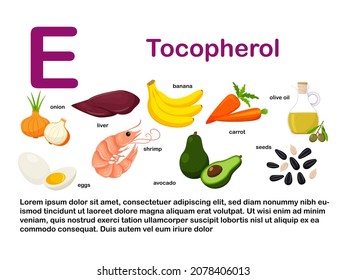 Rectangular poster with food products containing vitamin E. Tocopherol. Medicine, diet, healthy eating, infographics. Products with name.Flat cartoon food illustration isolated on a white background