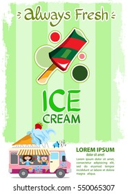 Rectangular poster with fruit ice cream on a stick on a green grunge background in a wide strip. Flyer with space for text ready for printing.