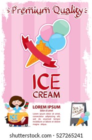 Rectangular poster with ice cream in a cone on a pink grunge background in a wide strip. Flyer with space for text ready for printing.