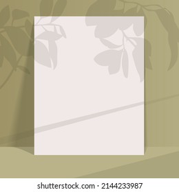 Rectangular poster mockup with realistic shadows overlays leaves on pastel background. Vector paper with the shadow of plant. Template flyer, poster, blank, social media post template in trendy style.