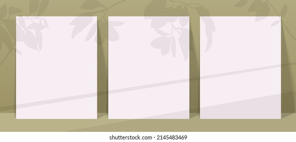 Rectangular poster mockup with realistic shadows overlays leaves on pastel background. Vector paper with the shadow of plant. Template flyer, poster, blank, social media post template in trendy style.