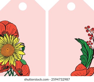 Rectangular price tag template with bouquet of poppy, sunflower on isolated background