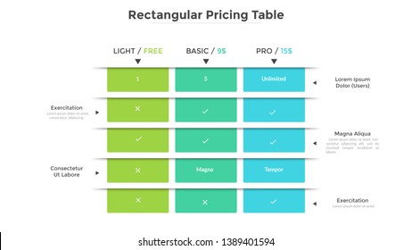 Rectangular Pricing Table With 3 Versions Of Product And List Of Included Features. Light, Basic And Pro Subscription Plans. Modern Infographic Design Template. Flat Vector Illustration For Website.