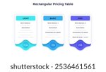 Rectangular Pricing Table performing user tariffs infographic chart design. Visual costs comparison infochart for business. Subscription plan with 3 options. Commercial offers graph vector template