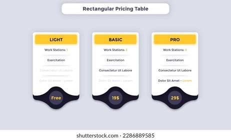Rectangular Pricing Table performing user tariffs infographic chart design. Visual costs comparison infochart for business. Subscription plan with 3 options. Commercial offers graph vector template