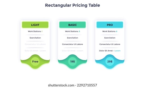 Rectangular Pricing Table performing user tariffs infographic chart design. Visual costs comparison infochart for business. Subscription plan with 3 options. Commercial offers graph vector template