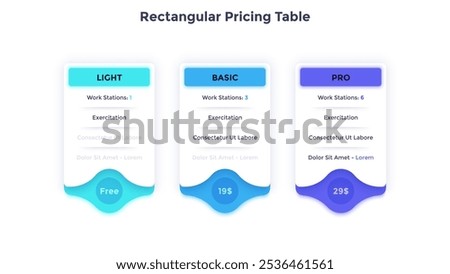 Rectangular Pricing Table performing user tariffs infographic chart design. Visual costs comparison infochart for business. Subscription plan with 3 options. Commercial offers graph vector template