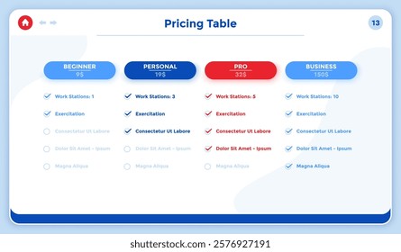 Rectangular pricing table or software versions with list of features to compare and select. Minimal infographic design template. Modern minimalism vector illustration.