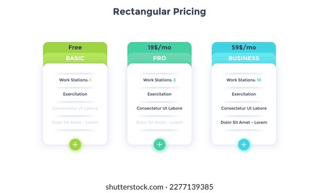 Rectangular pricing table for tariff choosing infographic chart design. Special financial plans comparison infochart performance. Subscription with 3 options. Expenses for service vector template