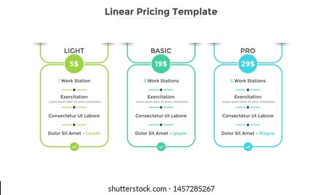 Rectangular pricing tables with 3 versions of product and list of included options. Light, basic and pro subscription plans. Linear infographic design template. Vector illustration for web menu.