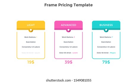 Rectangular pricing tables with 3 versions of product and list of included options. Light, basic and pro subscription plans. Linear infographic design template. Vector illustration for web menu.