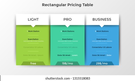 Rectangular pricing tables with list of included options or features. Light, pro and business subscription plans, web product selection. Modern infographic design template. Flat vector illustration.